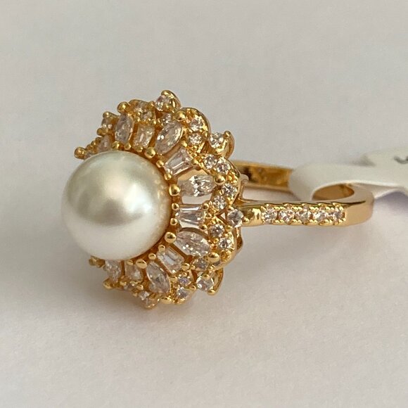 Art Deco Cubic Zirconia White Pearl Cocktail Ring Yellow Gold Plated Size 7 8 9 - Picture 10 of 16